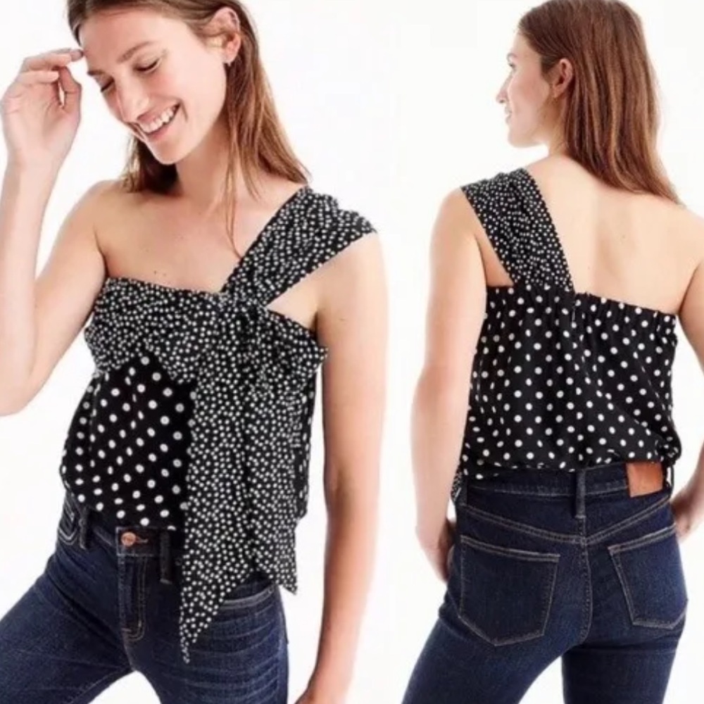 J. Crew Silk Black, White Polka Dot One Shoulder With Bow Top Blouse Shirt